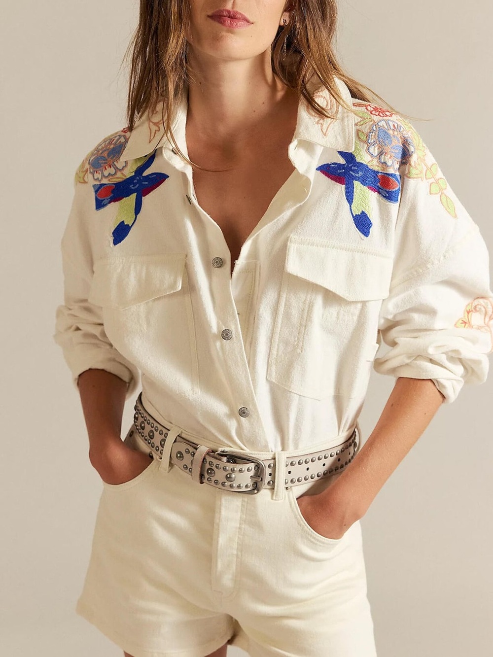 Free People Cream Button-Down with Blue & Red Floral Embroidery